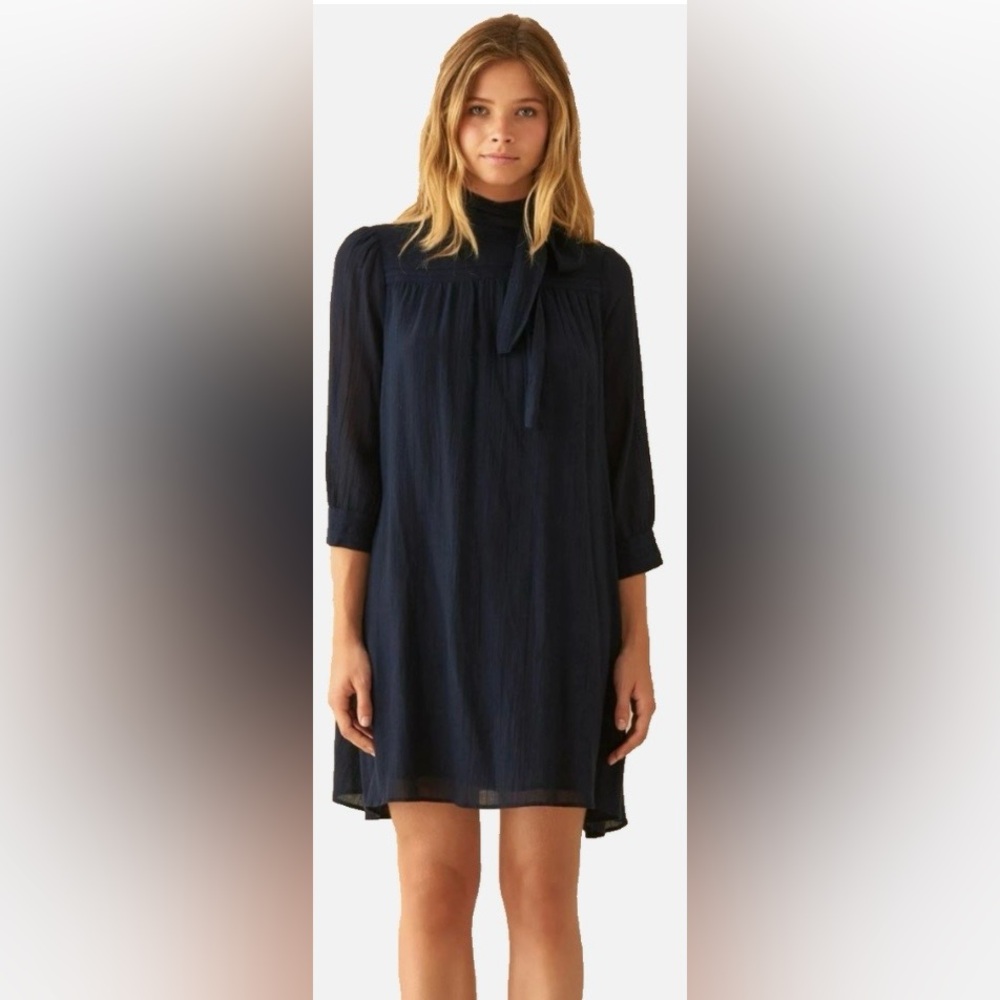 BA&SH Pivoine Marine Lady Mini Babydoll Dress Hi Collar Navy Blue Cotton size 6